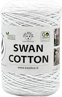 Tre Sfere Cordino SWAN COTTON (2502 Bianco), filato per borse, cappelli, cestini, sottopiatti, pochette composizione 70% cotone riciclato 30% poliestere, Bobina 250 Grammi 250 metri