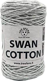 Tre Sfere Cordino SWAN COTTON (7004 – Grigio Chiaro) , filato per borse, cappelli, cestini, sottopiatti, pochette composizione 70% cotone riciclato 30% poliestere, Bobina 250 Grammi 250 metri