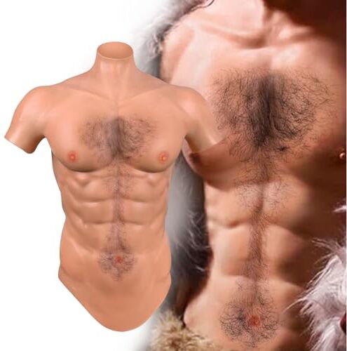 ICEVER Tuta muscolare maschile in silicone con capelli del seno nero realistico petto muscolare finto vestito addominale falso costume per cosplay festa transgender (abbronzata carnagione bronzo,