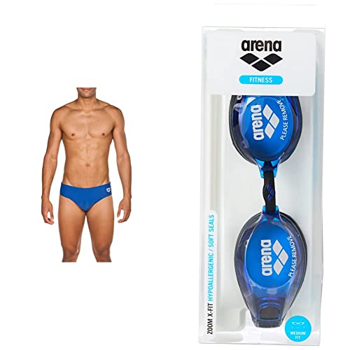 Arena Dynamo Costume da Bagno Uomo, Costume Slip Mare e Piscina in Tessuto Maxfit Resistente al Cloro e al Sale & Zoom X-Fit Occhialini Nuoto Anti Appannamento, Unisex Adulto, Blu