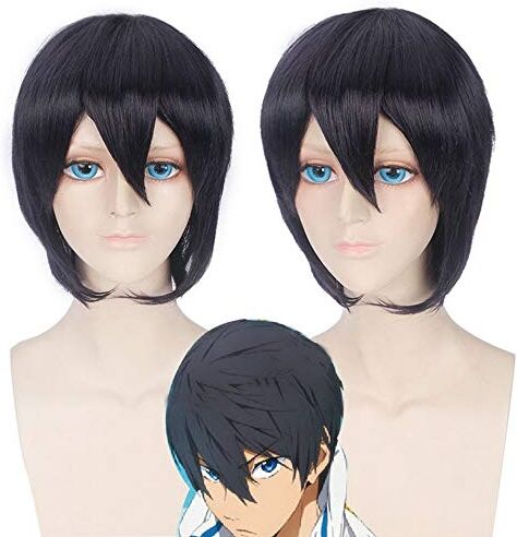 FZYUYU anime cosplay parrucca libera Nanase Haruka dritto nero blu corto Cosplay parrucca uomo resistente al calore sintetico costume Halloween parrucche 35 cm