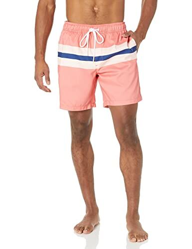 Amazon Essentials Costume a Boxer Ad Asciugatura Rapida 18 cm Uomo, Blu Rosa Corallo Righe, L