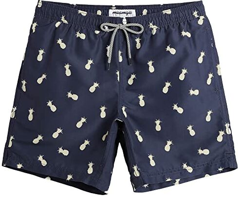 MaaMgic Pantaloncini da Bagno Uomo con Ananas Stampato Asciugatura Rapida e Fodera in Mesh per Spiaggia Piscina e Vacanze al Mare, Mini Ananas Blu Navy, XS