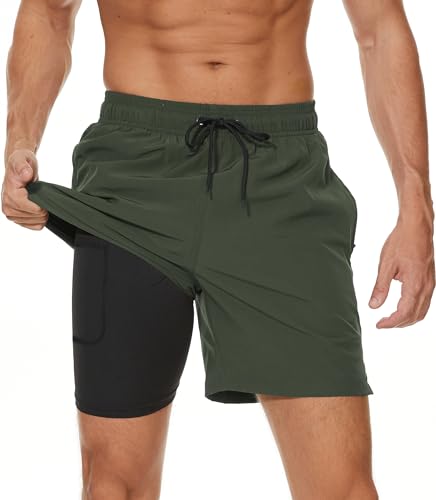 Kfnire Costume Uomo Mare Asciugatura Rapid Costume da Bagno Uomo con Boxer Slip Foderato, Pantaloncini Mare Uomo con Tasche, 2 in 1 Pantaloncino da Bagno Surf Uomo, Taglie S 2XL