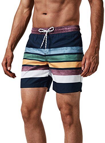 MaaMgic Pantaloncini da Bagno da Uomo Asciugatura Veloce Costume da Bagno per Surf sulla Spiaggia Multi-funzioni Allenamento casa con Fodera in Mesh, Strisce Blu Navy, L