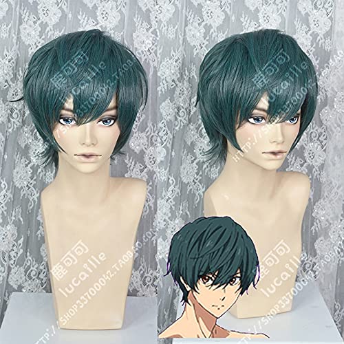 XINYIYI Gratis! -Dive To The Future Ikuya Kirishima Green Short Fluffy Wigs Halloween Costume Sintetico Per Uomo Parrucche Anime + Cappellino Per Parrucca