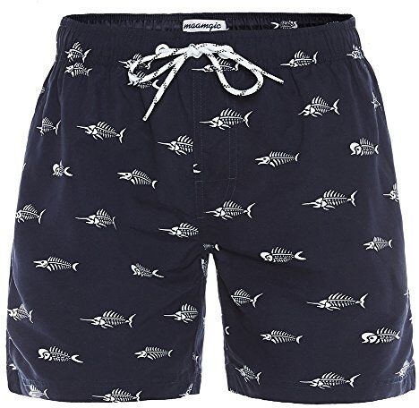 MaaMgic Pantaloncini da Bagno da Uomo Asciugatura Veloce Costume da Bagno per Surf sulla Spiaggia Multi-funzioni Allenamento casa con Fodera in Mesh, Bianca Spina di Pesce Blu Navy, XS