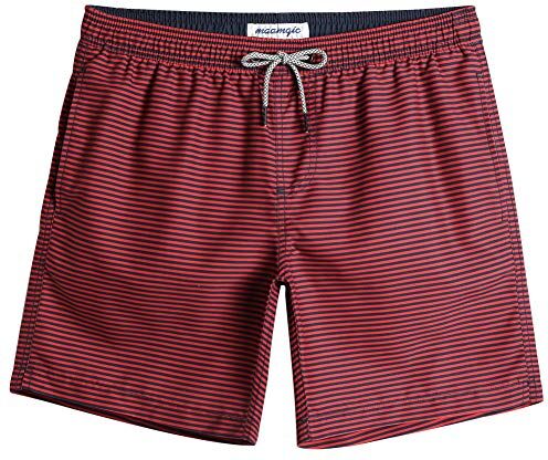 MaaMgic Pantaloncini da Bagno da Uomo Asciugatura Veloce Costume da Bagno per Surf sulla Spiaggia Multi-funzioni Allenamento casa con Fodera in Mesh, Rosso Nero a Strisce, L