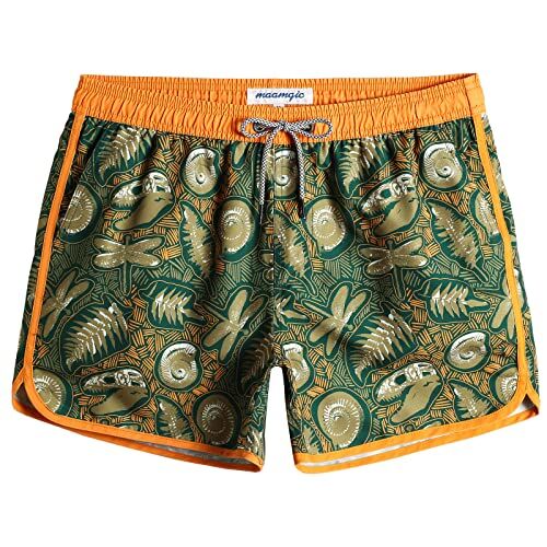 MaaMgic Costume da Bagno Corti Uomo Stile Retro Vintage con Fodera in Mesh Transpirante e Asciugatura Rapida per Vacanze al Mare, Arancio Verde Giurassico, M