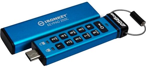 Kingston IronKey Keypad 200C Drive flash Type-C USB, crittografia hardware Certificazione FIPS 140-2 di Livello 3 (in fase di approvazione) con crittografia hardware XTS-AES a 256-bit IKKP200C/256GB