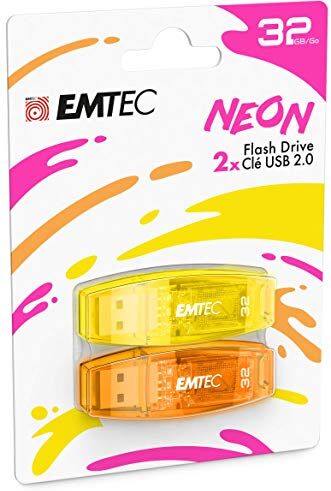 EMTEC Chiavetta USB 2.0 C410 Flash Drive da 32 GB, lettura 5 Mb/S, scrittura 15 Mb/S, USB 2.0, USB 3.0, trasparente al neon con cappuccio, confezione da 2