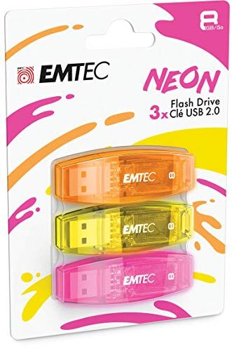 EMTEC Chiavetta USB 2.0 C410 Flash Drive da 8 GB, lettura 5 Mb/S, scrittura 15 Mb/S, compatibile con USB 2.0, USB 3.0, trasparente al neon con cappuccio, confezione da 3