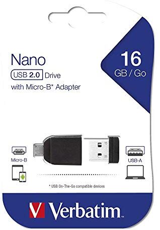 Verbatim Nano Chiavetta USB 16 GB, USB 2.0 con MicroUSB, Velocità Lettura 10 MB/s, Velocità Scrittura 3 MB/s, Nero