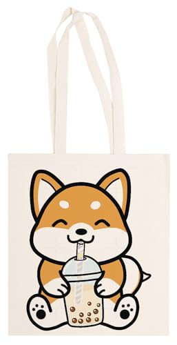 Generico Shiba Adora Il Tè Alle Bolle Borsa Shopping Beige In Cotone Unisex