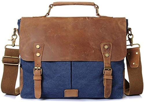 YUANYOULI Cartella di cuoio uomini con tracolla borsa di tela borsa uomini Vintage sostenibile per Business/college/donne/uomini,blu marino