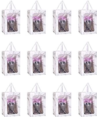 Hummcqit 12pack Sacchetti Regalo Di Cartone con Finestra Trasparente, Trasparente Tote Bag Fiore Di Confezionamento Di Sacchetti con Le Maniglie per Il Bouquet, Di Nozze, Di Compleanno (bianco e