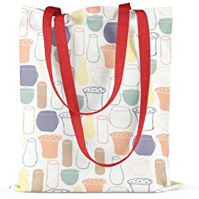 Bonamaison , 100% Cotone Borsa Tote Stampata, Borsa Della Spesa Riutilizzabile, Borsa Della Spesa, Ecologica, Borsa in Tela Con Manici Rossi, 34X40 Cm Progettata E Prodotta in Turchia