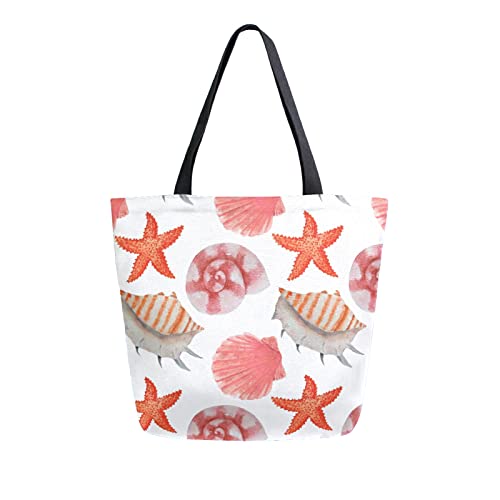 DJNGN Borsa tote in tela Conchiglia Stella marina Perla Borsa da spiaggia da donna Borsa a tracolla estiva con pesce Borsa grande riutilizzabile Leggera per la spesa Viaggi di generi alimentari