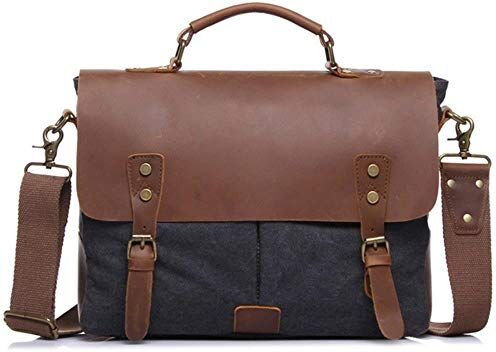 YUANYOULI Cartella di cuoio uomini con tracolla borsa di tela borsa uomini Vintage sostenibile per Business/college/donne/uomini,grigio scuro