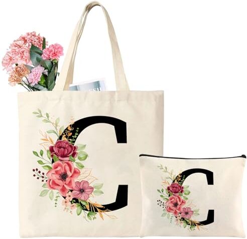 Tarklanda Regalo Personalizzata per Amica Alfabeto Borsa Tote in Tela Iniziali Tote Bag Lettere Borsa Shopper in Cotone Borsa Cosmetica Regali per Donna, Mamma, Compleanni, Matrimonio, Festa Della Mamma (C)