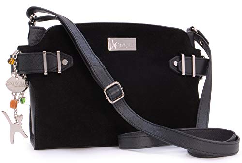Catwalk Collection Handbags Vera Pelle Borse a Tracolla/Borsa a Mano/Messenger/Borsetta Donna Con Ciondolo a Forma di Gatto Amanda NERO LS