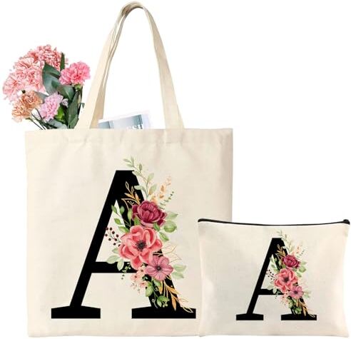 Tarklanda Regalo per Donna, Iniziali Borsa Tote in Tela, Cotone Shopper Borsa con Lettere, Alfabeto Tela Borsa e Cosmetica Borsa, Regali per Amica, Regalo di Compleanno, Matrimonio, Festa Della Mamma (A)