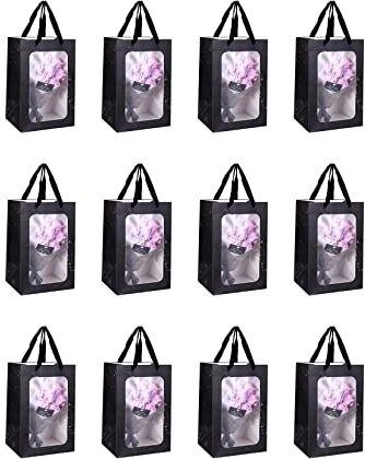 Hummcqit 12pack Sacchetti Regalo Di Cartone con Finestra Trasparente, Trasparente Tote Bag Fiore Di Confezionamento Di Sacchetti con Le Maniglie per Il Bouquet, Di Nozze, Di Compleanno (bianco e