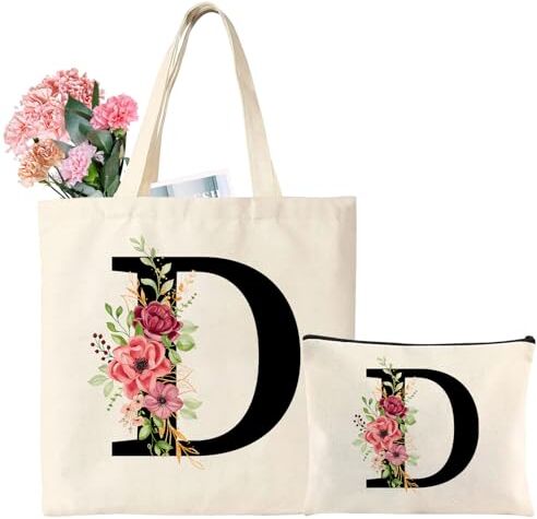 Tarklanda Regalo Personalizzata per Amica Alfabeto Borsa Tote in Tela Iniziali Tote Bag Lettere Borsa Shopper in Cotone Borsa Cosmetica Regali per Donna, Mamma, Compleanni, Matrimonio, Festa Della Mamma (D)