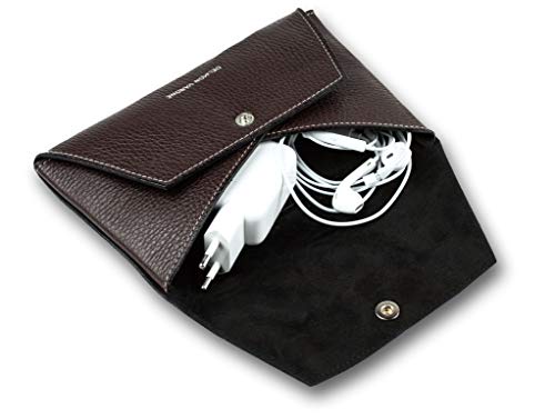 DELMON VARONE - FINE LEATHERGOODS MADE IN GERMANY DELMDELMON VARONE Borsa universale personalizzabile in pelle premium Soft Grain marrone piccolo, custodia portacavi per accessori elettronici da ufficio come cuffie, cavo di ricarica e alimentatore