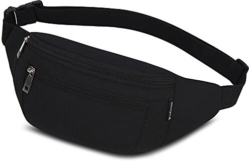 Ridirun Marsupio Sportivo Uomo Donna Grande con 4 Zip Tasche Cintura Regolabile e Fibbia a Sgancio Rapido, Waist Bag in Nylon Impermeabile per Ciclismo Running Escursionismo Campeggio Concerti (Nero)