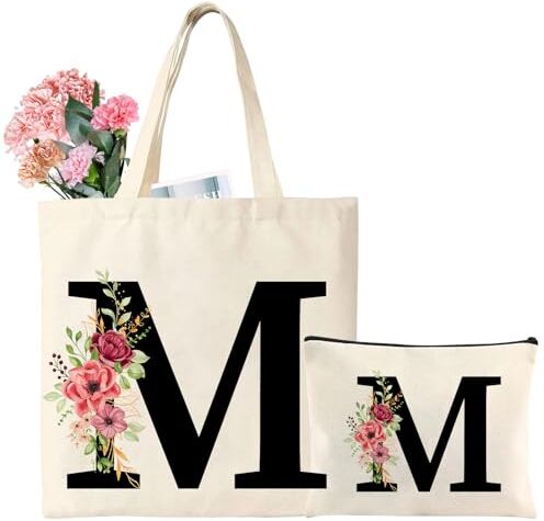 Tarklanda Regalo Personalizzata per Amica Alfabeto Borsa Tote in Tela Iniziali Tote Bag Lettere Borsa Shopper in Cotone Borsa Cosmetica Regali per Donna, Mamma, Compleanni, Matrimonio, Festa Della Mamma (M)