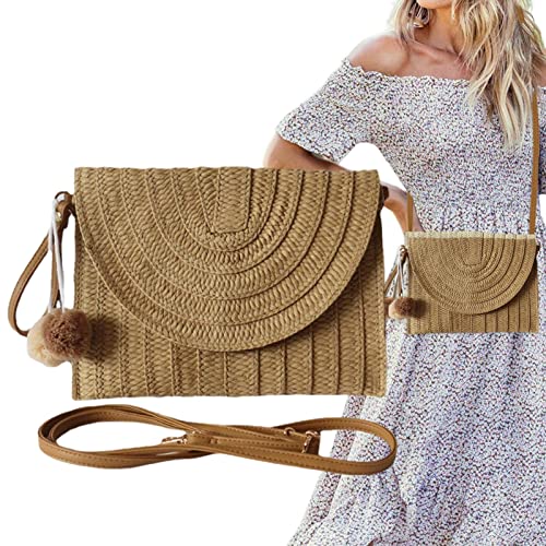 Facynde Borsa in paglia da donna   Borsa da donna   Borsa in paglia estiva portatile da spiaggia in rattan intrecciato a mano per cosmetici da spiaggia