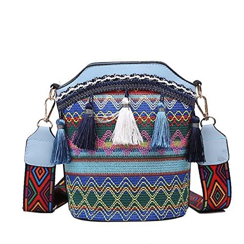 AMZLORD Borsa a tracolla da donna etnica con nappe intrecciate piccole borse a secchiello, Blu