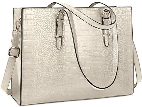 Lubardy Borse Grande Donna Borsa Porta PC 15.6 Pollici Borsa da Lavoro Impermeabile Borsa a Tracolla in Pelle PU Borsa Tote Scuola Shopper Business Bianco crema