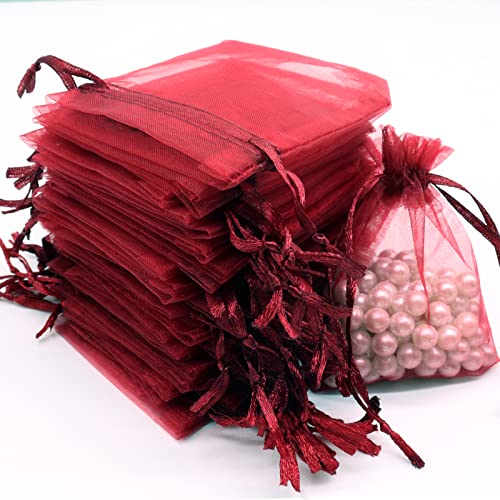 Leeyunbee 100PCS 7x9cm Vino Rosso Sacchetti Regalo Organza, Borse Organza con Coulisse, Gioielli Sacchetto, Sacchetti Bustina Organza per Nozze Regalo Caramella Partito Gioielli