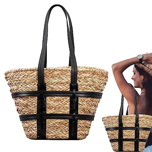 Moslalo Borsa da spiaggia in paglia,Borsa a tracolla retrò Borsa a tracolla grande Borse di paglia Borsa estiva intrecciata Borsa a tracolla fatta a mano Borse a secchiello per donna