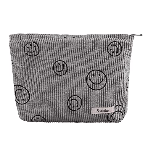 Cessfle Preppy Smiley Face Tote Bag, borsa in velluto a coste estetico Smiley carino Tote bag borsa borsa a tracolla ragazze adolescenti roba alla moda, S03-grigio