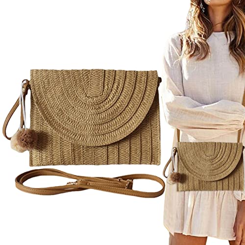 Generic Borsa in rattan,Borsa a tracolla in paglia di rattan Pochette in rattan intrecciato a mano con processo di tessitura per viaggi, telefoni cellulari