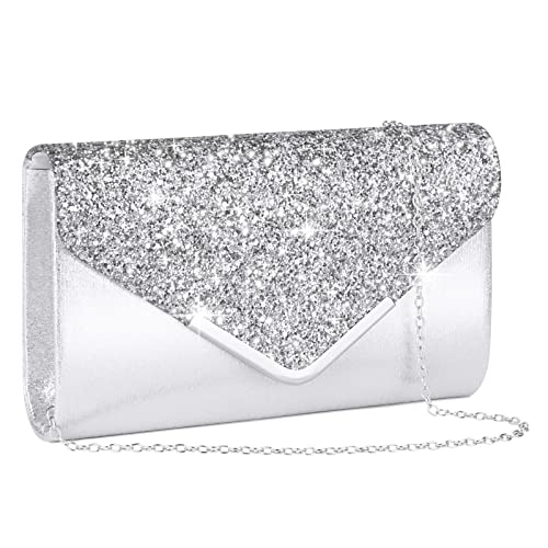 OSDUE Pochette Donna Pelle PU con Chiavistello Metallico e Catena Rimovibile, Borsa Clutch Argento, Cerimonia da Sera per Ballo di Fine Anno, Festa