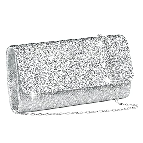 OSDUE Pochette Donna Argento Cerimonia Borsa con Catena Clutch, Chiavistello Metallico Rimovibile per Tracolla, a Spalla per Ballo di Fine Anno, Festa