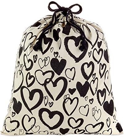 Hallmark Borsa in tela extra large da 55,9 cm con coulisse (avorio con cuori neri) per San Valentino, matrimoni, addio al nubilato, anniversario e altro ancora