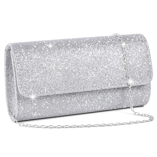 OSDUE Pochette Donna, Argento Cerimonia Borsa con Catena Clutch, Chiavistello Metallico e Catena Rimovibile per Tracolla, Borse a Spalla per Ballo di Fine Anno, Festa, Argento