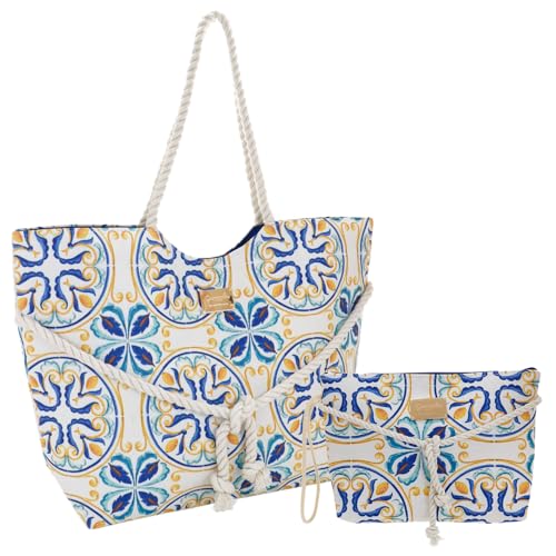 Camomilla Milano Set Borsa Mare Donna + Busta, Fantasia Sicily, Colore Blu