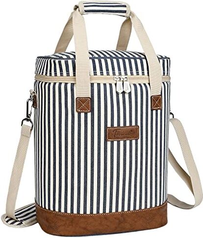 Kato Tirrinia Borsa termica per 6 bottiglie, borsa termica per vino, borsa termica portatile, con cinghia, per picnic, feste, barbecue, campeggio, degustazione di vino, strisce beige 27 × 20 × 35 cm