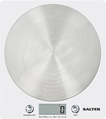 Salter , Bilancia da Cucina digitale, Elegante Design Sottile, Cucina/Casa, Piattaforma in Acciaio Inox Filata, Aggiungi e Pesata, Misura Liquidi/Fluidi, Capacità Massima 5Kg Bianco/Cromo