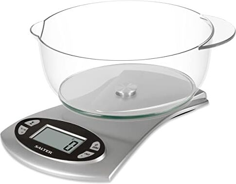 Salter Bilancia elettronica da cucina, recipiente rimovibile per lavastoviglie da 1,8 L, pratico schermo LCD, display con orologio, timer e temperatura ambiente, metriche/imperiali, 5 kg