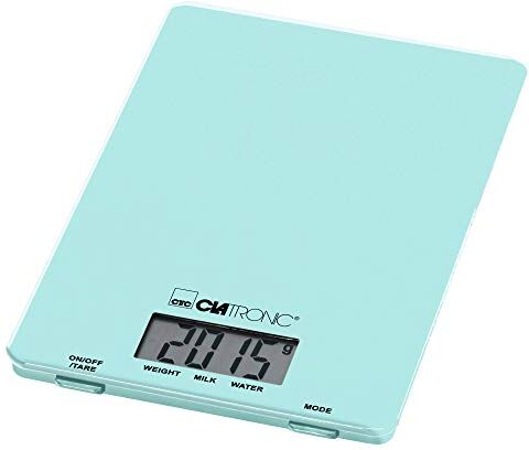 Clatronic Bilancia da cucina ultra piatta, in plastica, 5 kg, superficie di appoggio in vetro, funzione tara, display LCD, verde menta