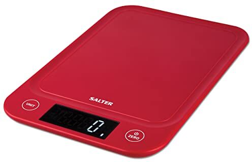 Salter 1067 RDRA Bilancia da Cucina Digitale di Precisione, Pesata Elettronica per Alimenti Fino a 5Kg, Design Sottile, Apparecchio Domestico per Bilancia da Cucina, display LCD, Compatta, Rosso