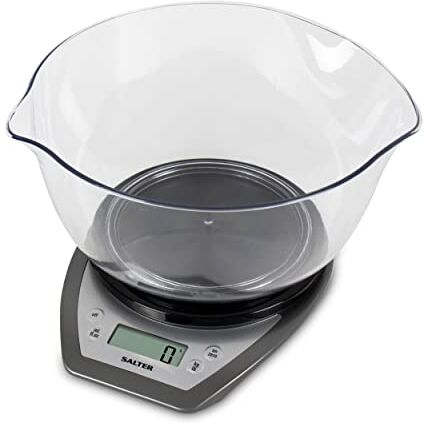 Salter , Bilancia da Cucina Digitale con Ciotola da 2 l e Beccuccio Doppio, Display LCD, Funzione Aggiungi e Pesa, Funzione Aquatronic, Bilancia con Capacità Max di 5 kg, 20 x 22 x 13 cm, Argento