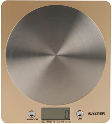 Salter Bilancia elettronica a disco, serie Olympus, 5 kg, sottile ed elegante, piattaforma in acciaio inox, Aggiungi e pesa, misurazione di liquidi e fluidi, oro/acciaio inox